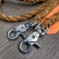 2 Thick Leather Round Braided Split Reins, 2 snaps *gc/vgc, clean, stains, film, residue
