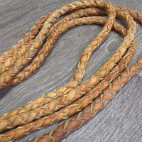 2 Thick Leather Round Braided Split Reins, 2 snaps *gc/vgc, clean, stains, film, residue
