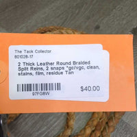 2 Thick Leather Round Braided Split Reins, 2 snaps *gc/vgc, clean, stains, film, residue

