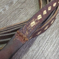 Narrow Split Reins, Buckstitch, Quick ends *gc/fair, older, stiff, dry, repaired, dirty
