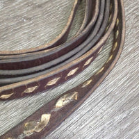 Narrow Split Reins, Buckstitch, Quick ends *gc/fair, older, stiff, dry, repaired, dirty
