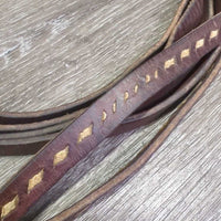Narrow Split Reins, Buckstitch, Quick ends *gc/fair, older, stiff, dry, repaired, dirty
