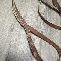 Thin Leather Split Reins, laces *fair, older, stretched, chewed/sliced spots, scratches, stains, dirt
