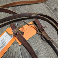 Thin Leather Split Reins, laces *fair, older, stretched, chewed/sliced spots, scratches, stains, dirt

