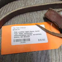 Thin Leather Split Reins, laces *fair, older, stretched, chewed/sliced spots, scratches, stains, dirt
