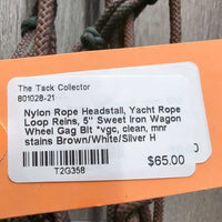 Nylon Rope Headstall, Yacht Rope Loop Reins, 5" Sweet Iron Wagon Wheel Gag Bit *vgc, clean, mnr stains
