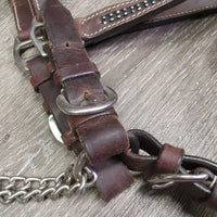 Western Showmanship Leather Halter, Chain Lead Shank, Bling *vgc, clean, rubs, scrapes, missing bling, edge rubs
