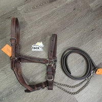 Western Showmanship Leather Halter, Chain Lead Shank, Bling *vgc, clean, rubs, scrapes, missing bling, edge rubs
