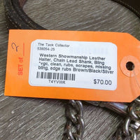 Western Showmanship Leather Halter, Chain Lead Shank, Bling *vgc, clean, rubs, scrapes, missing bling, edge rubs
