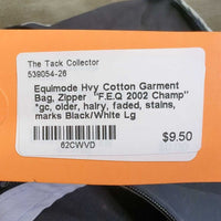 Hvy Cotton Garment Bag, Zipper "F.E.Q 2002 Champ" *gc, older, hairy, faded, stains, marks
