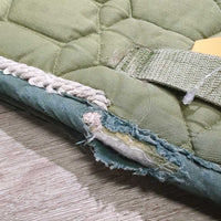 Quilt Jumper Pad, piping *gc/fair, v. faded, hair, torn edges & bottom, rubs, unstitched, dingy, mnr stains, threads
