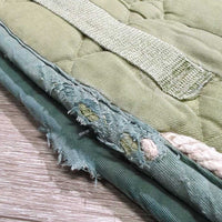 Quilt Jumper Pad, piping *gc/fair, v. faded, hair, torn edges & bottom, rubs, unstitched, dingy, mnr stains, threads
