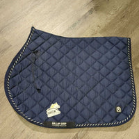 Quilt Jumper Saddle Pad, tabs, piping *gc, clean, mnr hair, snag, residue, puckers, stains & curled corner
