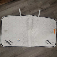 Thick Quilt Dressage Pad, 1x piping *gc, older, clean, pilly, mnr hair, rubs, threads, stains, unstitched, curled edge

