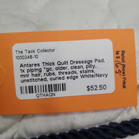 Thick Quilt Dressage Pad, 1x piping *gc, older, clean, pilly, mnr hair, rubs, threads, stains, unstitched, curled edge
