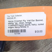 Crochet Fly Veil Ear Bonnet, piping *gc, clean, snags, v.rubbed/frayed spots, hairy, curled edges
