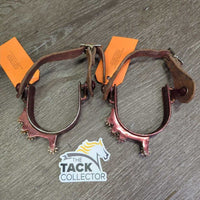 Pr Bumper Rowel Western Spurs, Smooth Leather Spur Straps *gc/fair, rubs, scrapes, scratches, peeling, dirt, chipped/sharp buckle
