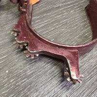 Pr Bumper Rowel Western Spurs, Smooth Leather Spur Straps *gc/fair, rubs, scrapes, scratches, peeling, dirt, chipped/sharp buckle
