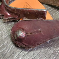 Pr Bumper Rowel Western Spurs, Smooth Leather Spur Straps *gc/fair, rubs, scrapes, scratches, peeling, dirt, chipped/sharp buckle
