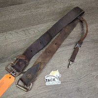 1.75" Leather Back Cinch, leather laces, conway buckle, snap *fair, older, stiff, dry, cracks, rust, deep scrapes
