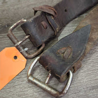 1.75" Leather Back Cinch, leather laces, conway buckle, snap *fair, older, stiff, dry, cracks, rust, deep scrapes
