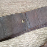 1.75" Leather Back Cinch, leather laces, conway buckle, snap *fair, older, stiff, dry, cracks, rust, deep scrapes
