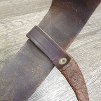 1.75" Leather Back Cinch, leather laces, conway buckle, snap *fair, older, stiff, dry, cracks, rust, deep scrapes
