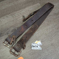 1.75" Leather Back Cinch, leather laces, conway buckle, snap *fair, older, stiff, dry, cracks, rust, deep scrapes
