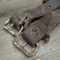 1.75" Leather Back Cinch, leather laces, conway buckle, snap *fair, older, stiff, dry, cracks, rust, deep scrapes
