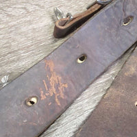1.75" Leather Back Cinch, leather laces, conway buckle, snap *fair, older, stiff, dry, cracks, rust, deep scrapes
