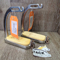 Hvy Wide Safety Stirrup Irons, grips, 2 leather keepers *NO Elastics, vgc, clean, mnr stains, scratches, film, dirt
