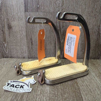 Hvy Wide Safety Stirrup Irons, grips, 2 leather keepers *NO Elastics, vgc, clean, mnr stains, scratches, film, dirt
