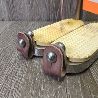 Hvy Wide Safety Stirrup Irons, grips, 2 leather keepers *NO Elastics, vgc, clean, mnr stains, scratches, film, dirt
