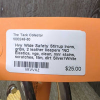 Hvy Wide Safety Stirrup Irons, grips, 2 leather keepers *NO Elastics, vgc, clean, mnr stains, scratches, film, dirt
