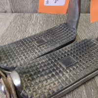Hvy Safety Stirrup Irons, Grips, leather keepers *gc, dirty, too big grips, No elastics, older, stains
