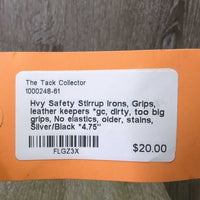 Hvy Safety Stirrup Irons, Grips, leather keepers *gc, dirty, too big grips, No elastics, older, stains
