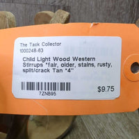 Child Light Wood Western Stirrups *fair, older, stains, rusty, split/crack, stains
