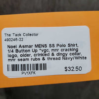 MENS SS Polo Shirt, 1/4 Button Up *vgc, mnr cracking logo, older, crinkled & dingy collar, mnr seam rubs & thread
