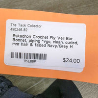 Crochet Fly Veil Ear Bonnet, piping *vgc, clean, curled, mnr hair & faded

