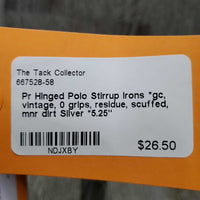 Pr Hinged Polo Stirrup Irons *gc, vintage, 0 grips, residue, scuffed, mnr dirt
