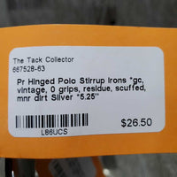 Pr Hinged Polo Stirrup Irons *gc, vintage, 0 grips, residue, scuffed, mnr dirt
