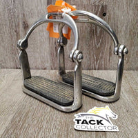 Pr Hinged Polo Stirrup Irons, pr black Sprenger grips *gc, vintage, 0 grips, residue, scuffed, mnr dirt
