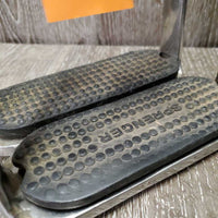 Pr Hinged Polo Stirrup Irons, pr black Sprenger grips *gc, vintage, 0 grips, residue, scuffed, mnr dirt
