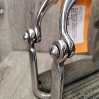 Pr Hinged Polo Stirrup Irons, pr black Sprenger grips *gc, vintage, 0 grips, residue, scuffed, mnr dirt
