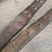 Pr Stirrup Leathers *gc, older, uneven, stained, dry, wavy, rubbed, dents, stretched, cuts/gouges
