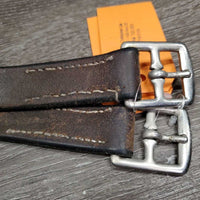Pr Stirrup Leathers *gc, older, uneven, stained, dry, wavy, rubbed, dents, stretched, cuts/gouges
