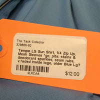 LS Sun Shirt, 1/4 Zip Up, Mesh Sleeves *gc, pits: stains & deodorant sparkles, seam rubs, v.faded inside logo, older
