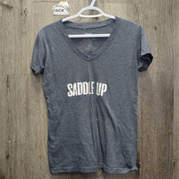 SS V Neck T Shirt "Saddle Up" *vgc, clean, pilly, faded
