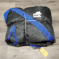 Med Quilt Stable Blanket, "EIS", fleece collar, 2 legs *vgc, clean, mnr dirt, shavings, unstitched, threads, pills, rubs
