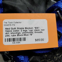 Med Quilt Stable Blanket, "EIS", fleece collar, 2 legs *vgc, clean, mnr dirt, shavings, unstitched, threads, pills, rubs
